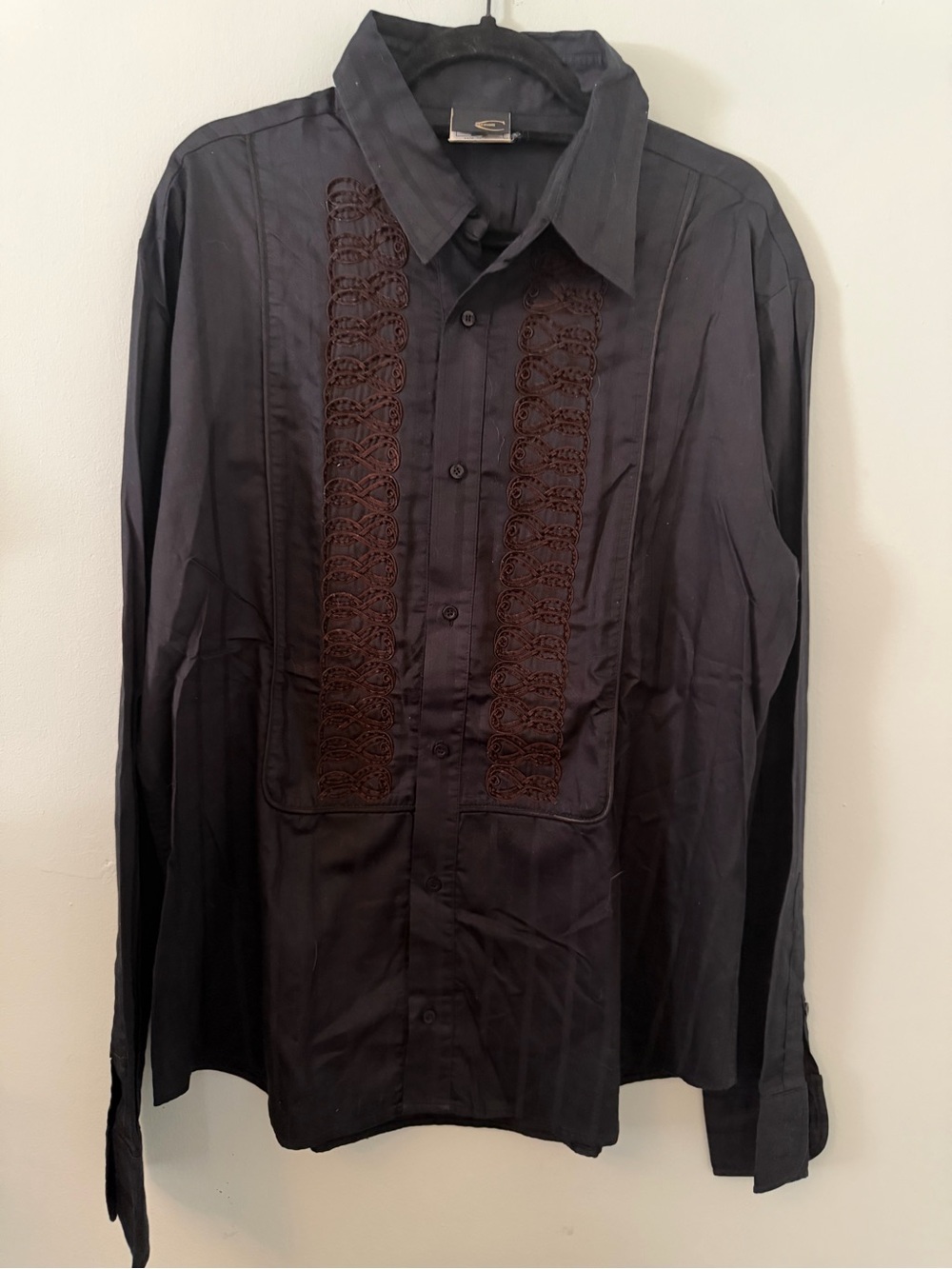 Just Cavalli Black Long-Sleeve, Tuxedo inspired Shirt with brown Front Lace Trim